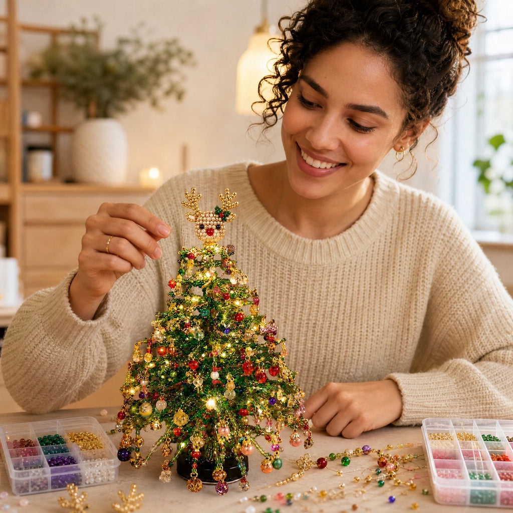 DIY Beaded Christmas Tree Kit - Handmade Mini Tabletop Xmas Tree with Santa Topper, Built-In Warm Lights, Holiday Decor Craft Gift for Adults