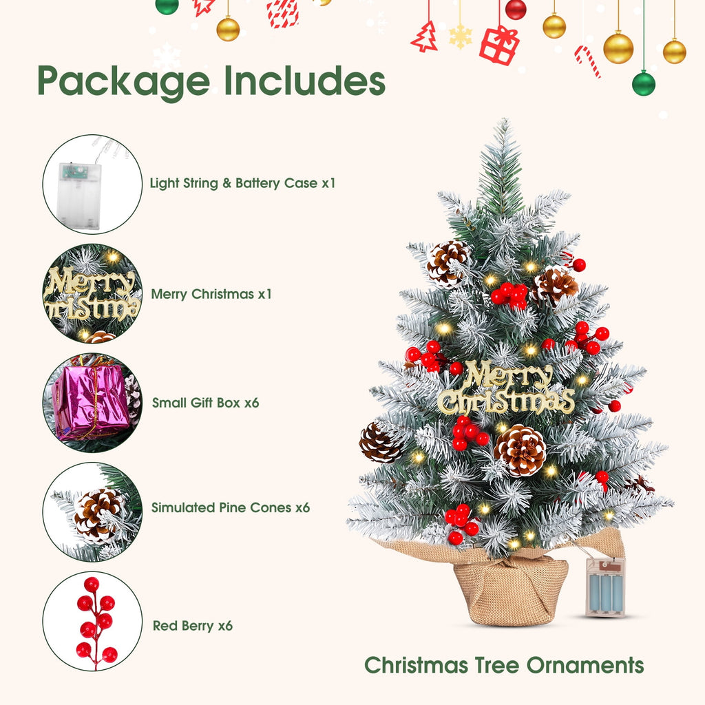 22" Mini Christmas Tree with 30 LEDs, Red Berries & Pinecones, DIY Kit, Battery Powered Tabletop Tree Christmas Decorations Gifts for Dorms, Offices, Home, Classrooms Desks & Small Spaces
