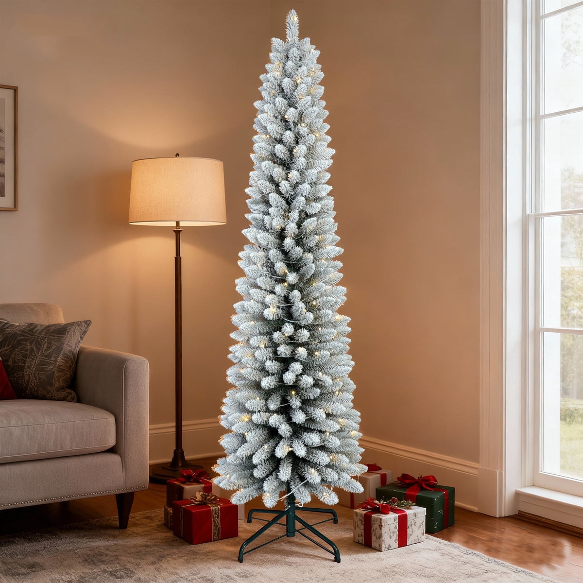 Bringstar 6FT Pre-Lit Pencil Christmas Tree,Green Artificial Xmas Trees, 150 LED Warm White Lights