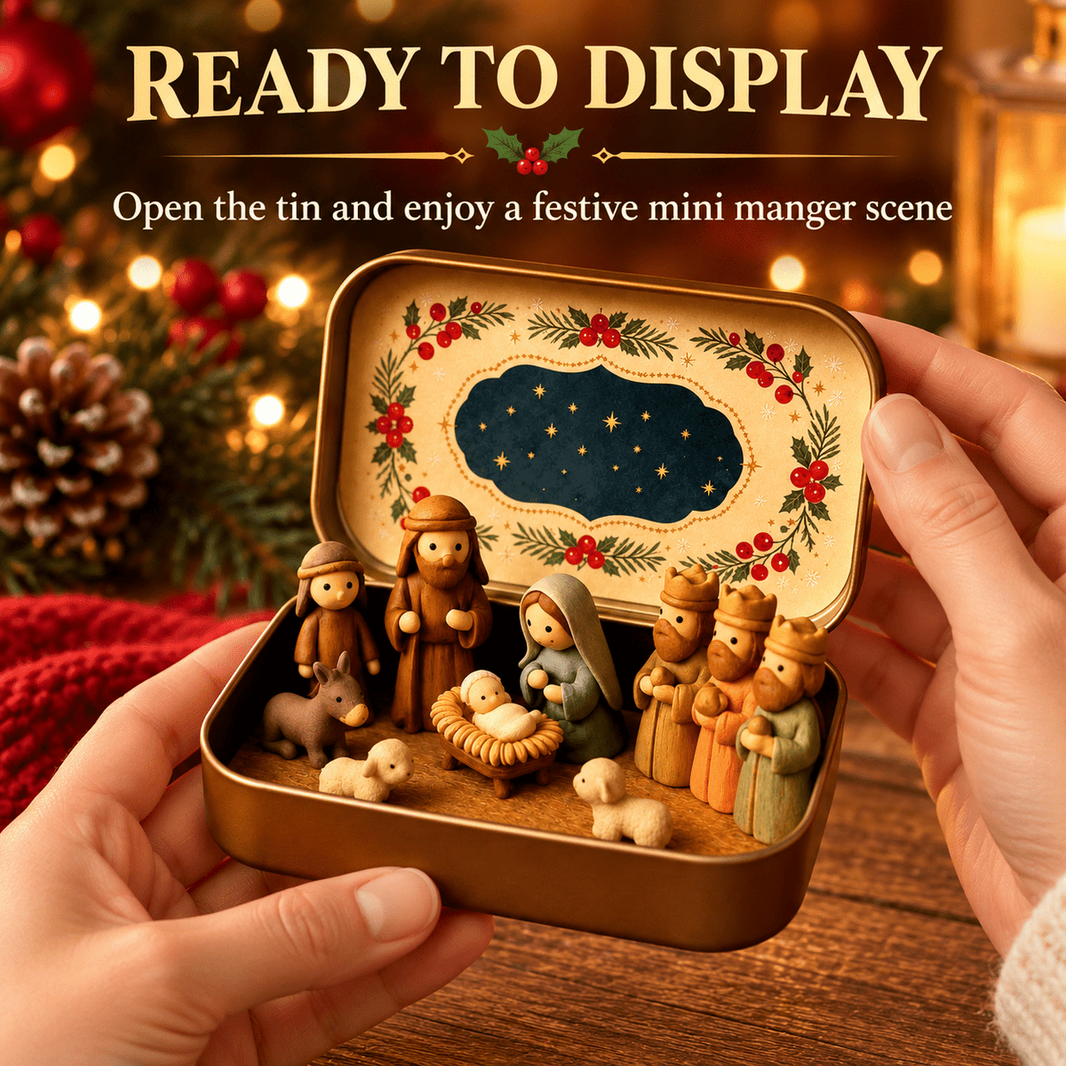 Christmas Nativity Scene in a Tin Mini Manger Scene Portable Tin Box Tabletop Decor for Mantel Shelf Fireplace Desk Holiday Decoration