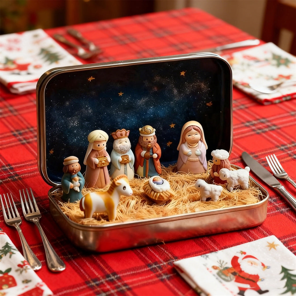 Mini Christmas Nativity Set in a Tin Box, Portable Pocket Birth of Jesus Ornament, Holy Family Sheep and Jesus Figurines, Christmas Interior Decoration for Home Desk, Shelf, Office Decor (3 Set)