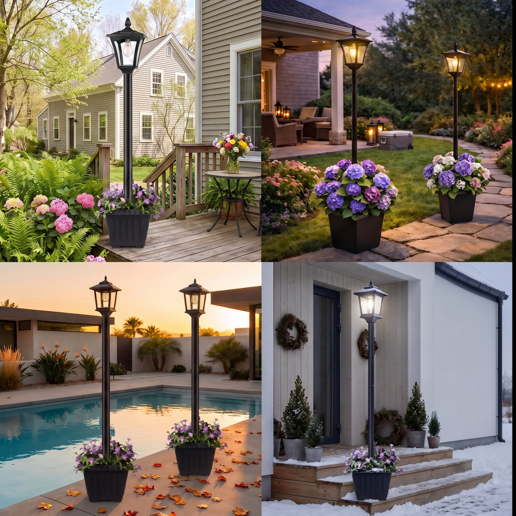 Volivo Solar Lamp Post Light with Planter 63inch, Led Blub 3000K Warm White Solar Pathway Lights Stainless Steel, Waterproof Street Lights for Garden, Porch, Walkway