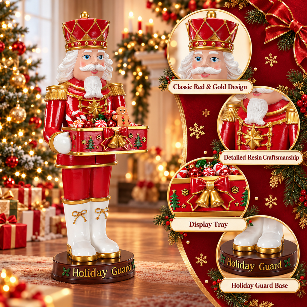 Rayocon Christmas Nutcracker Decor, 24.4 Inch Resin Soldier Statue with Display Tray, Red & Gold