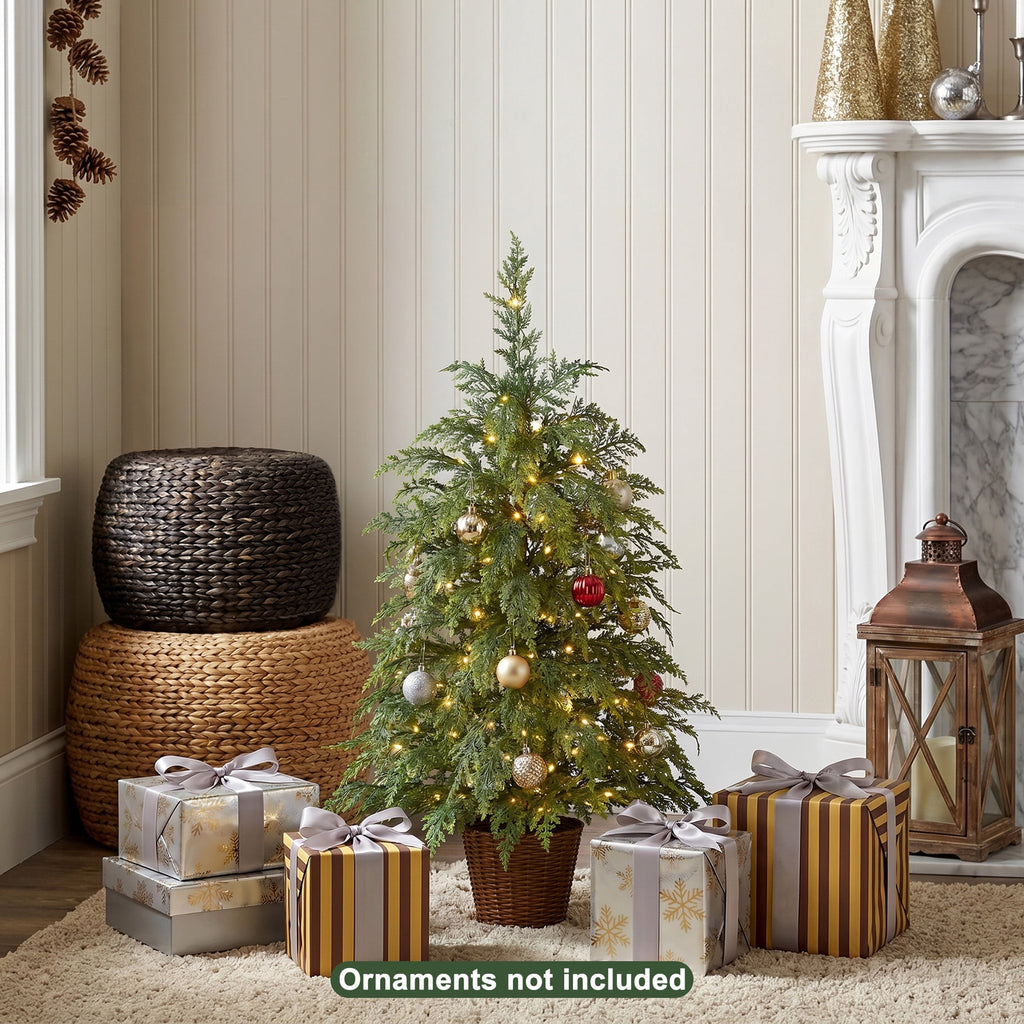 DR.Planzen 24" Pre-Lit Green Cypress Artificial Christmas Tree with 30 Warm White LED Lights, Mini Tabletop Xmas Tree in Woven Basket Base, Indoor Holiday Decoration