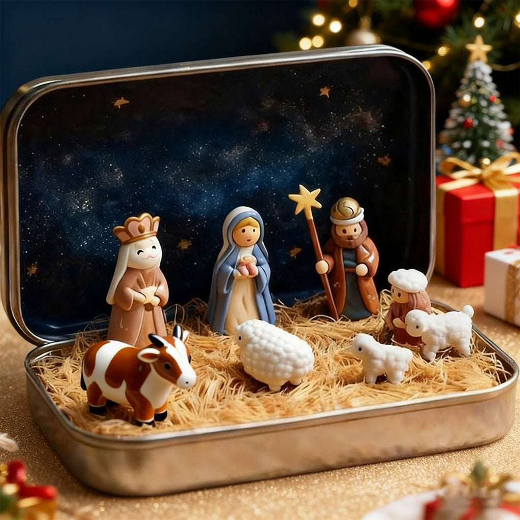 Mini Christmas Nativity Set In Tin Box Jesus Birth Scene Figurines Decoration for Tabletop Party Office Decor & Christian Holiday Gifts