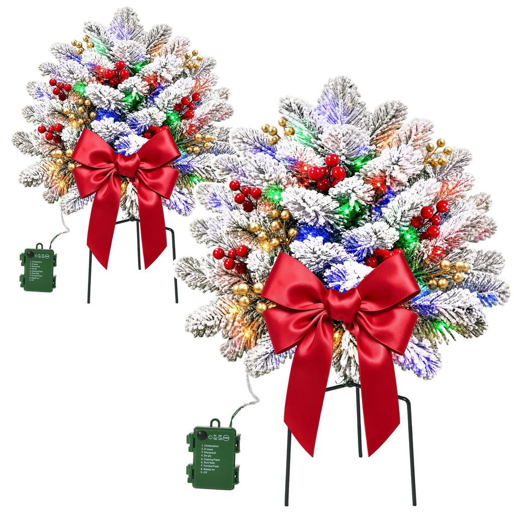 2PK Prelit Outdoor Christmas Trees Christmas Urn Pot Filler Snow Flocked Lighted Christmas Trees with 100 LED Warm White/Colorful Lights Timer 8 Modes for Front Door Porch Christmas Decoration