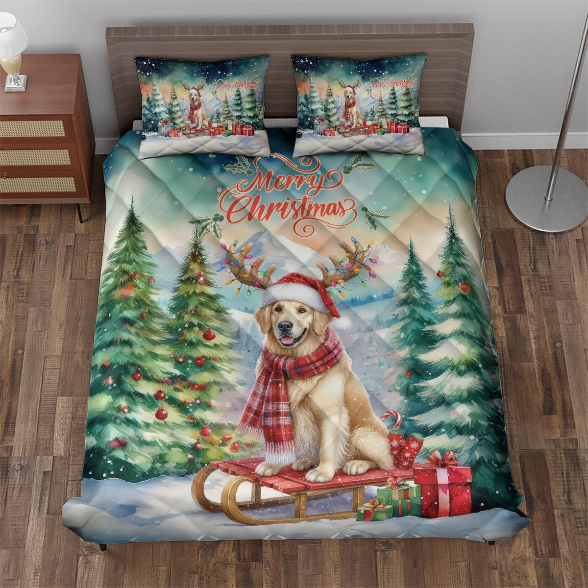 Merry Christmas Santa Reindeer Antlers French Bulldog Sleigh Xmas Winter Holiday Quilt Bedding Set Dog Lover Gifts 1 Blanket Bed Cover 2 Pillowcases - 00023