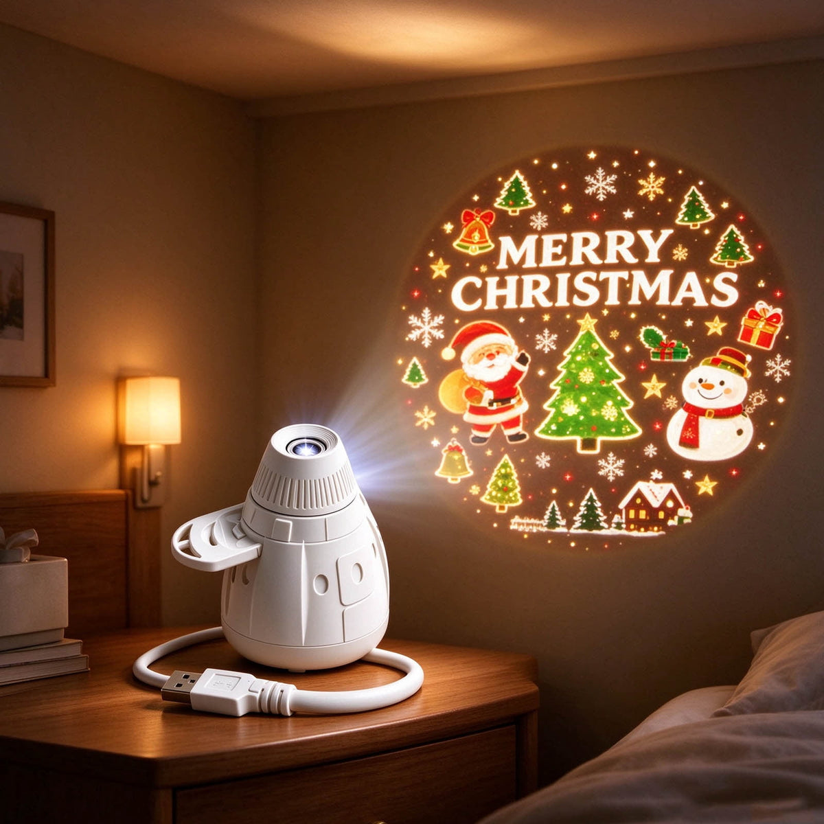 Magical Christmas Projection Night Light, USB Powered Holiday Projector with Festive Wall and Ceiling Effects for Bedroom, Living Room and Christmas Party Ambiance