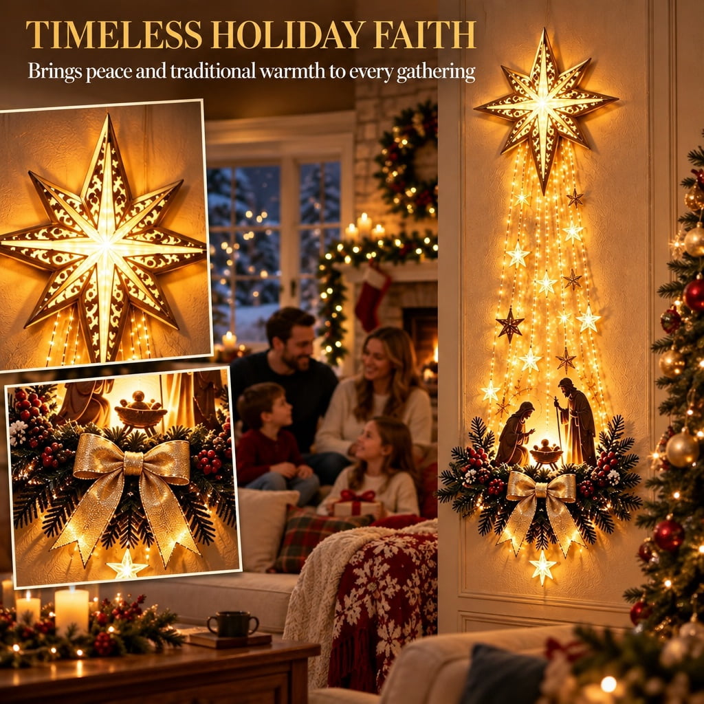 Bethlehem Star of Faith Lighted Nativity Wall Decor, Warm LED Christmas Hanging, Gold, Indoor Outdoor, Meaningful Holiday Gift