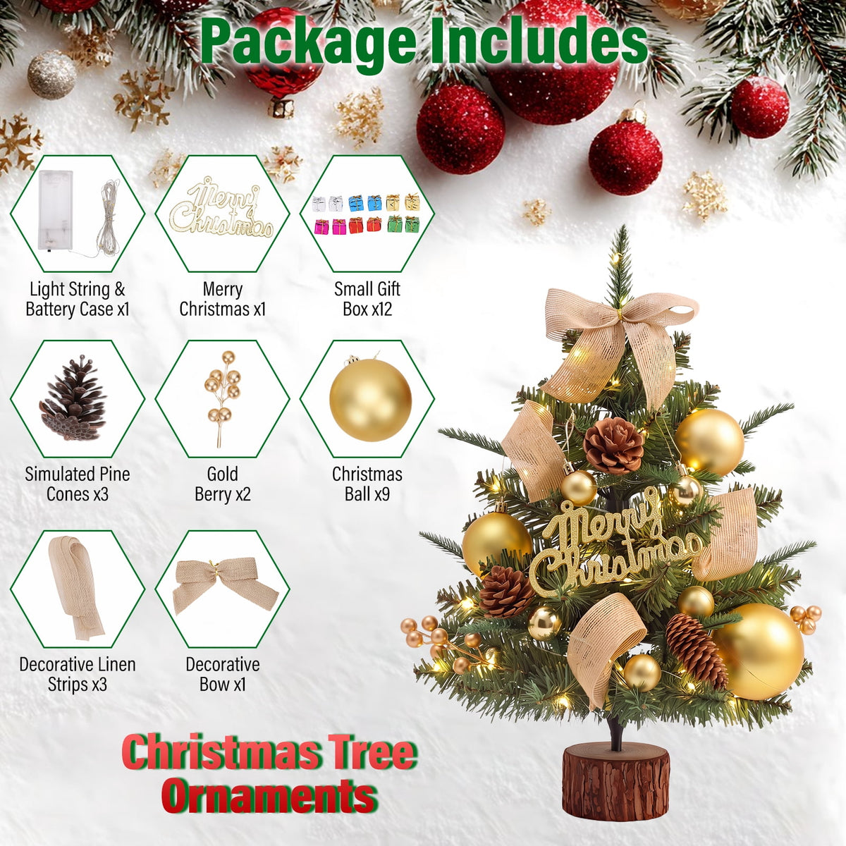 22" Mini Christmas Tree with 30 LEDs, Red Berries & Pinecones, DIY Kit, Battery Powered Tabletop Tree Christmas Decorations Gifts for Dorms, Offices, Home, Classrooms Desks & Small Spaces