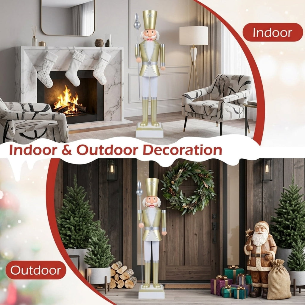 RUIE 4FT Christmas Nutcracker with High Hat and Scepter, White & Golden Metal Nutcracker Soldier with Hidden Storage for Indoor Outdoor Holiday