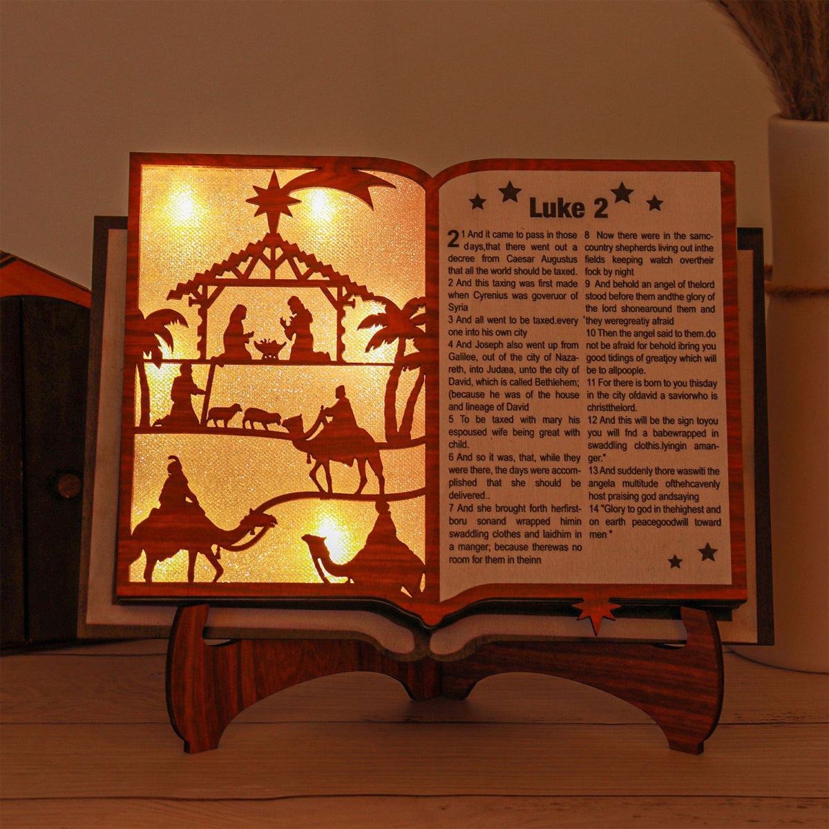 3D Christmas Wooden Nativity Scene Book Display with Light, Wooden Nativity Set, Nativity Scene Decorations with LED Light for Shelves Decorations