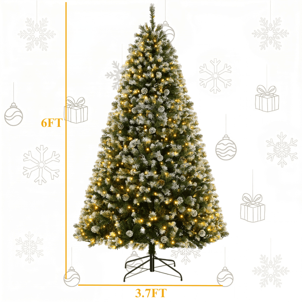 Legooin 6FT Pre-lit Christmas Tree Flocked Artificial Xmas Tree with 800 Branch Tips, 300 LED Lights, 51 Pinecones, for Christmas Holiday Decor, Green