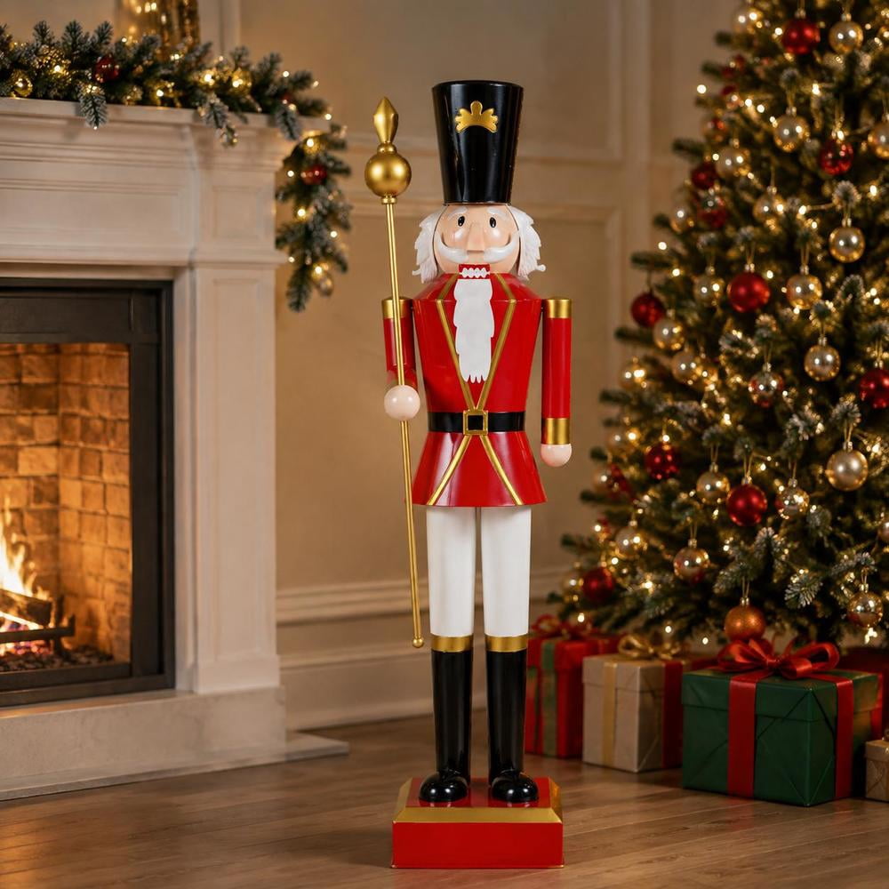 4 Ft Christmas Nutcracker with High Hat, Scepter, Metal Frame, Sturdy Base, and Hidden Storage - Black and Red