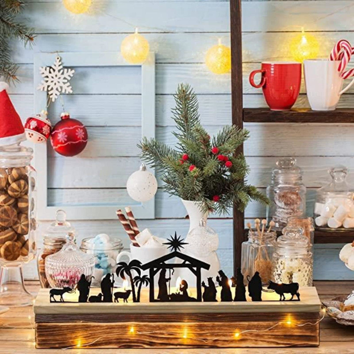 ADruer Nativity Sets for Christmas Indoor Decor Black Metal Nativity Scene with Wooden Base Little People Nativity Set for Christmas Winter Holiday Table Decor