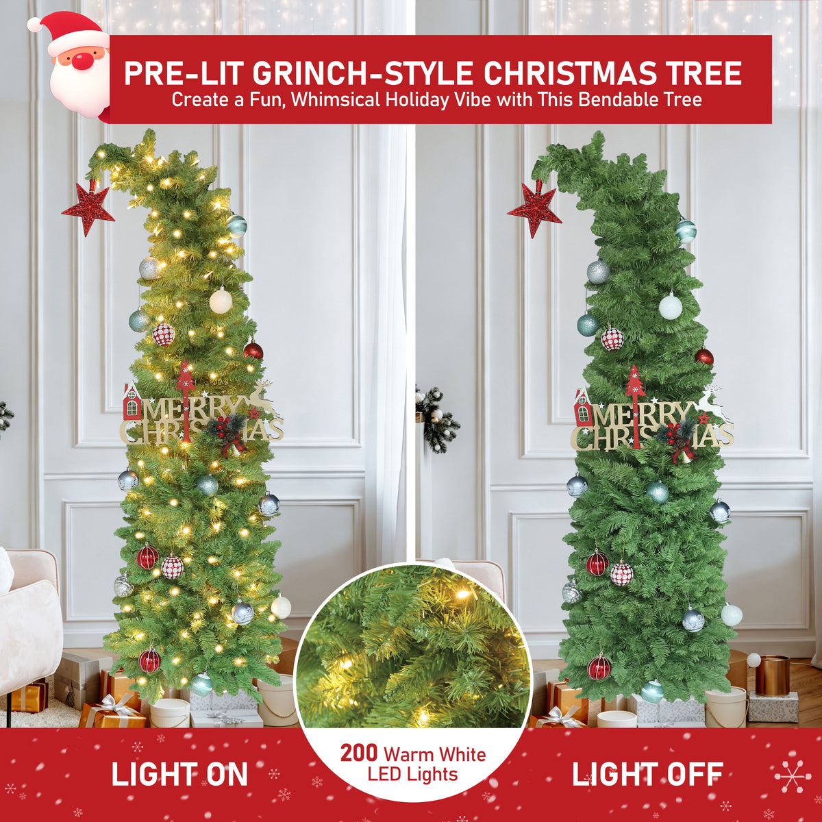 VEIKOUS 6ft Christmas Tree Crooked Neck with Topper, Prelit Xmas Tree with 200 LED Lights & 536 Branch Tips, Bendable Top Christmas Slim Tree for Holiday Decor, Green