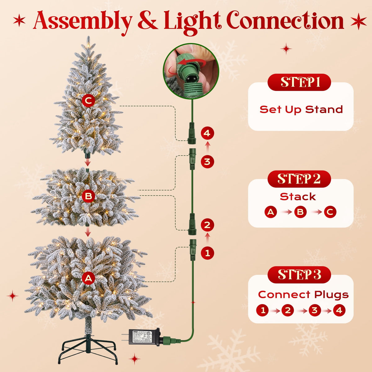 Goosiay 7FT Pre-Lit Flocked Fir Christmas Tree, 1060 PE & PVC Tips, 300 Warm White LED Lights, Snowy Hinged Artificial Christmas Tree for Living Room & Holiday Decor