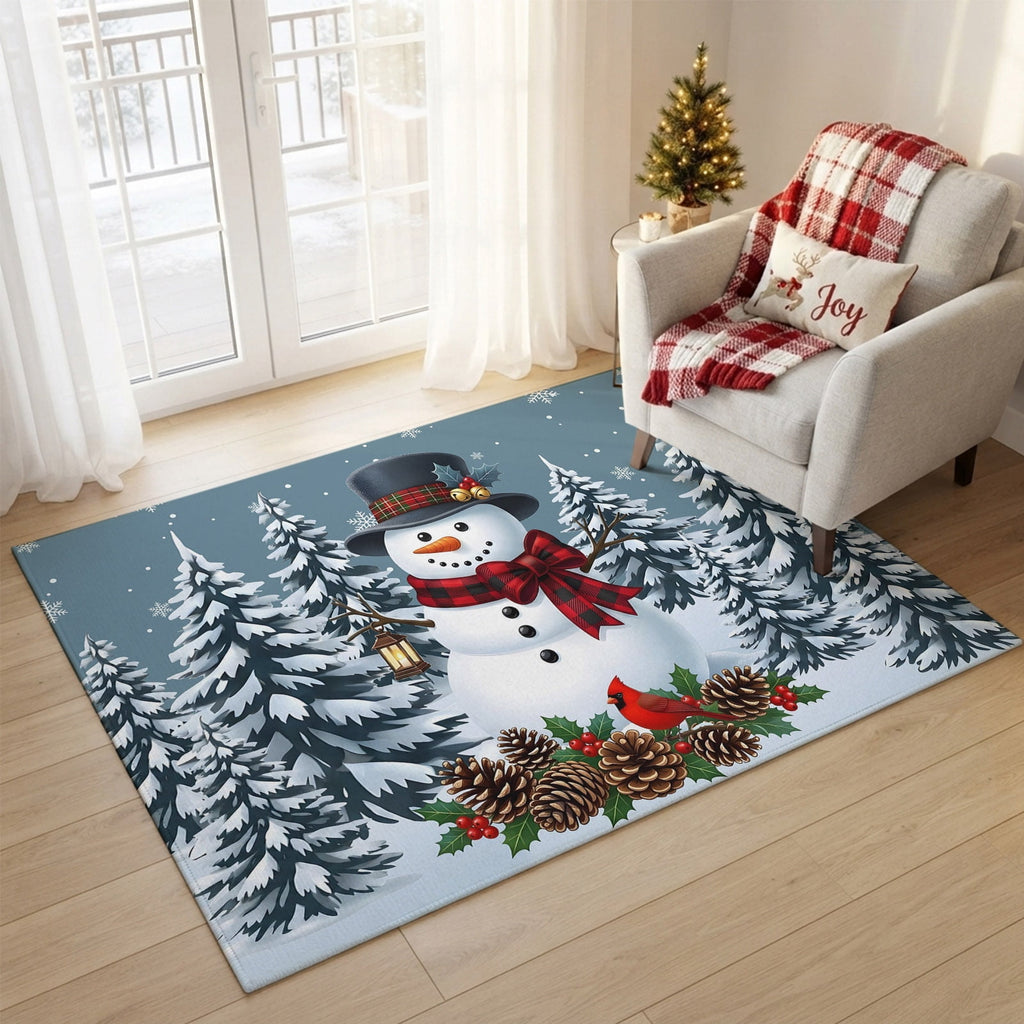 5x7 Area Rugs, Light Blue Snowman Christmas Non-Skid Rubber Backing Large Rectangle Rugs - Living Room Bedroom Home Office, Xmas Pinecone Tree Snowflake Indoor Floor Mat Carpets Washable Rug