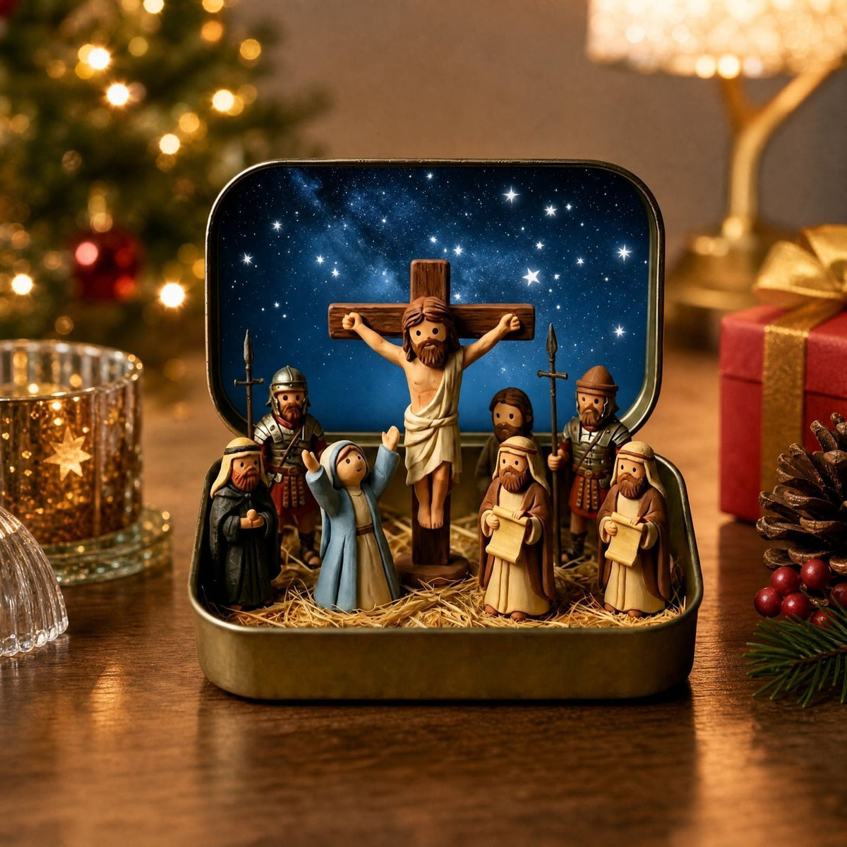 Daghihgewr Mini Christmas Nativity Set Tabletop Tin Box Multicolor Indoor Religious Ornament 1-Count 3.9 x 2.8 x 1.2 Inch