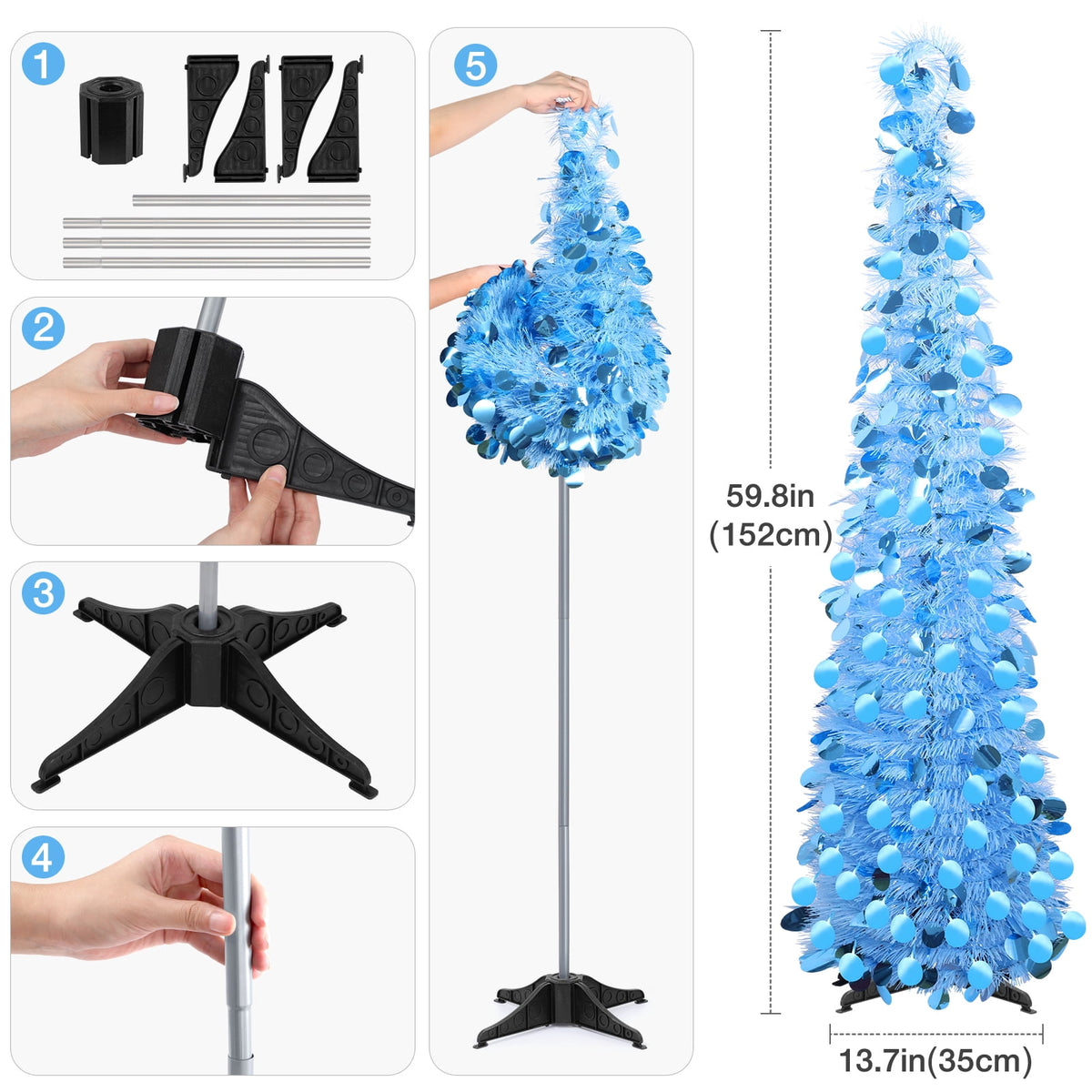 Ayieyill 5ft Pop up Christmas Tree,Color Artificial Pencil Tinsel Xmas Trees for Christmas Indoor Decorations, Collapsible Christmas Tree (Silver)