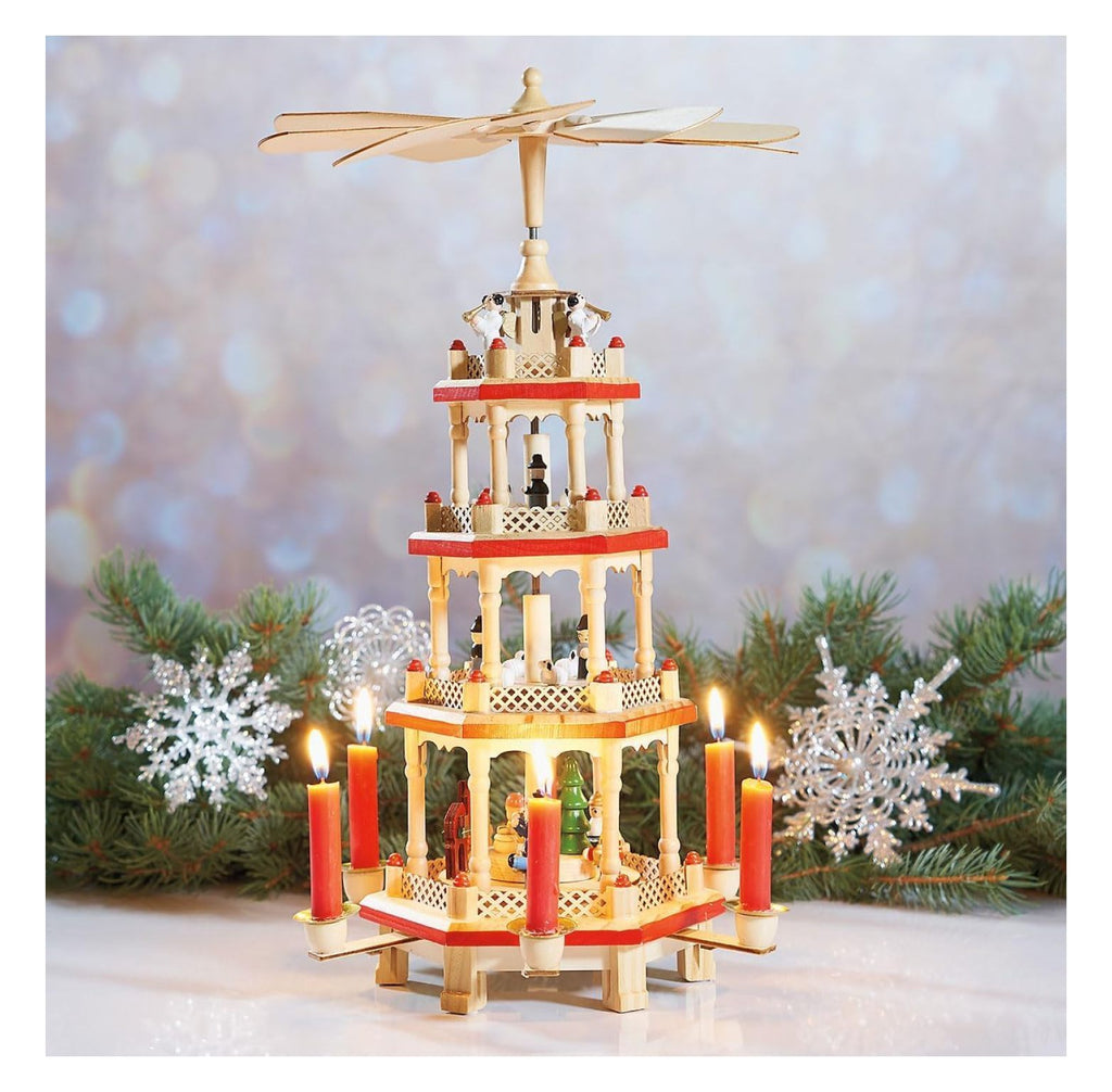 German Christmas - 17 Inch Spinning Nativity Table Top Holiday Décor, 4-Tier Carousel with Candle Holders