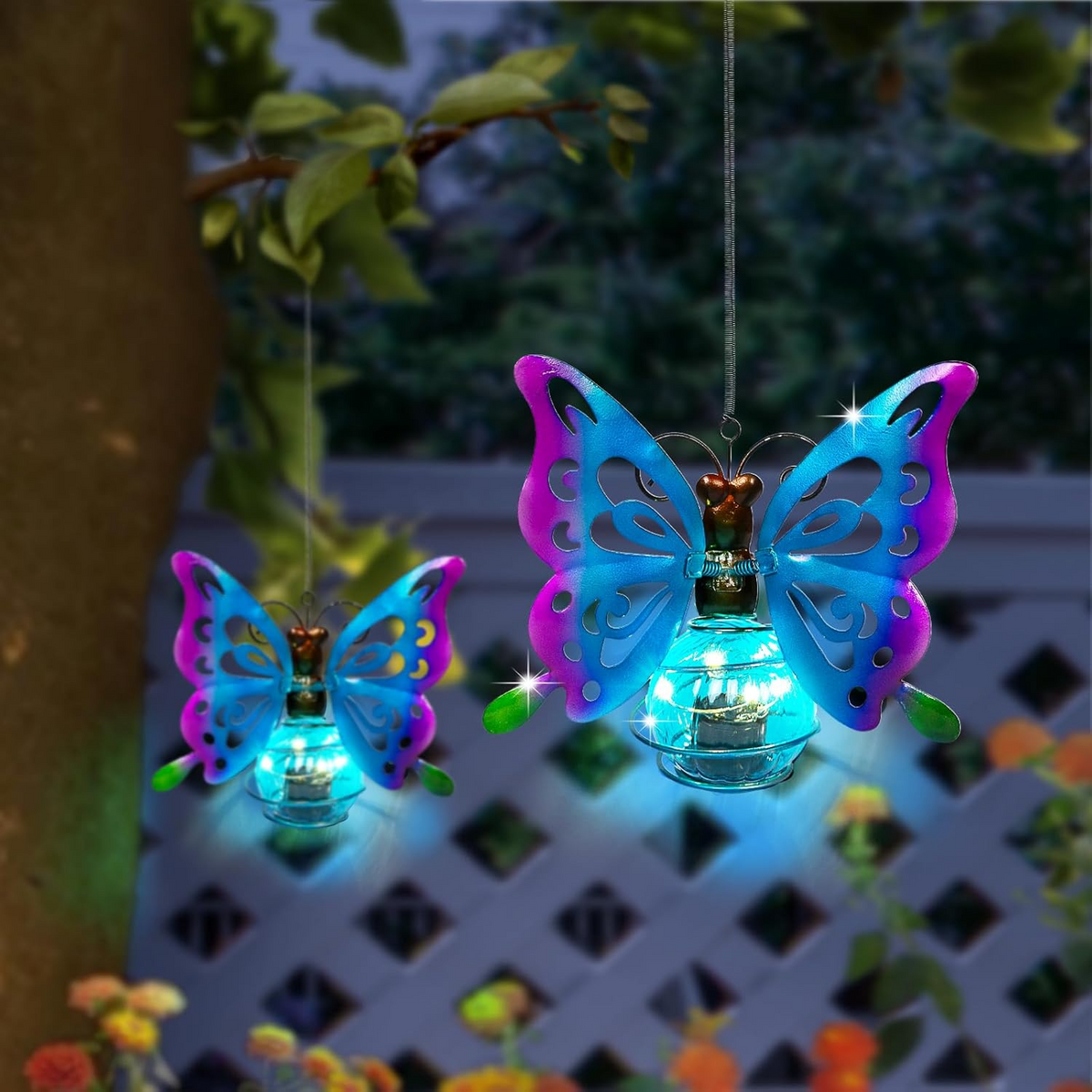 2 Pack Solar Butterfly Hanging Lantern Waterproof LED Outdoor Decor Light for Patio Garden Yard Pathway Balcony Porch Backyard