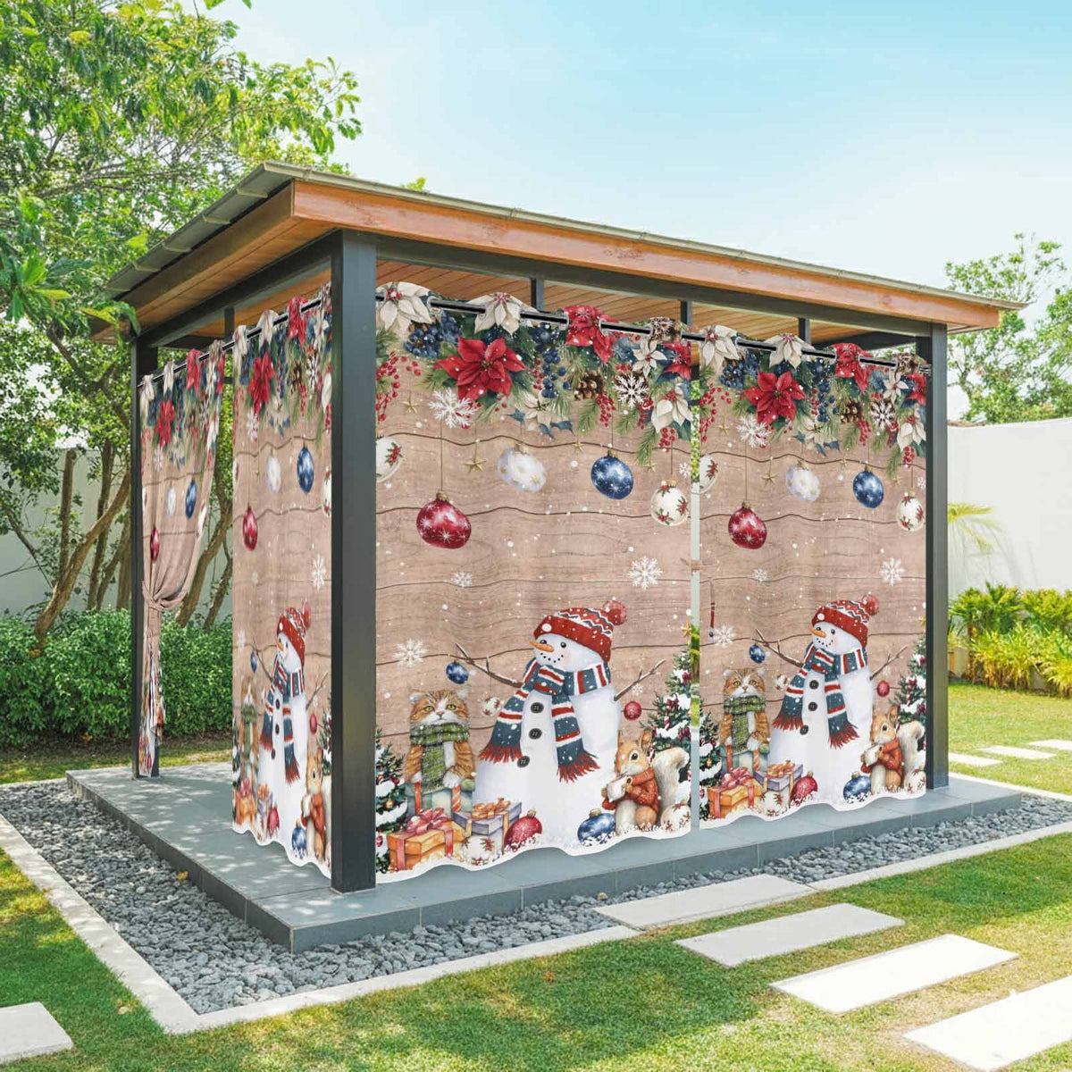2 Panels Outdoor Curtains for Patio Waterproof 54"x84" Red Christmas Weatherproof Privacy Outsides Curtains, Snowman Poinsettia Pine Tree Squirrel Cat Grommet Thermal Drapes for Cabana Porch Pergola