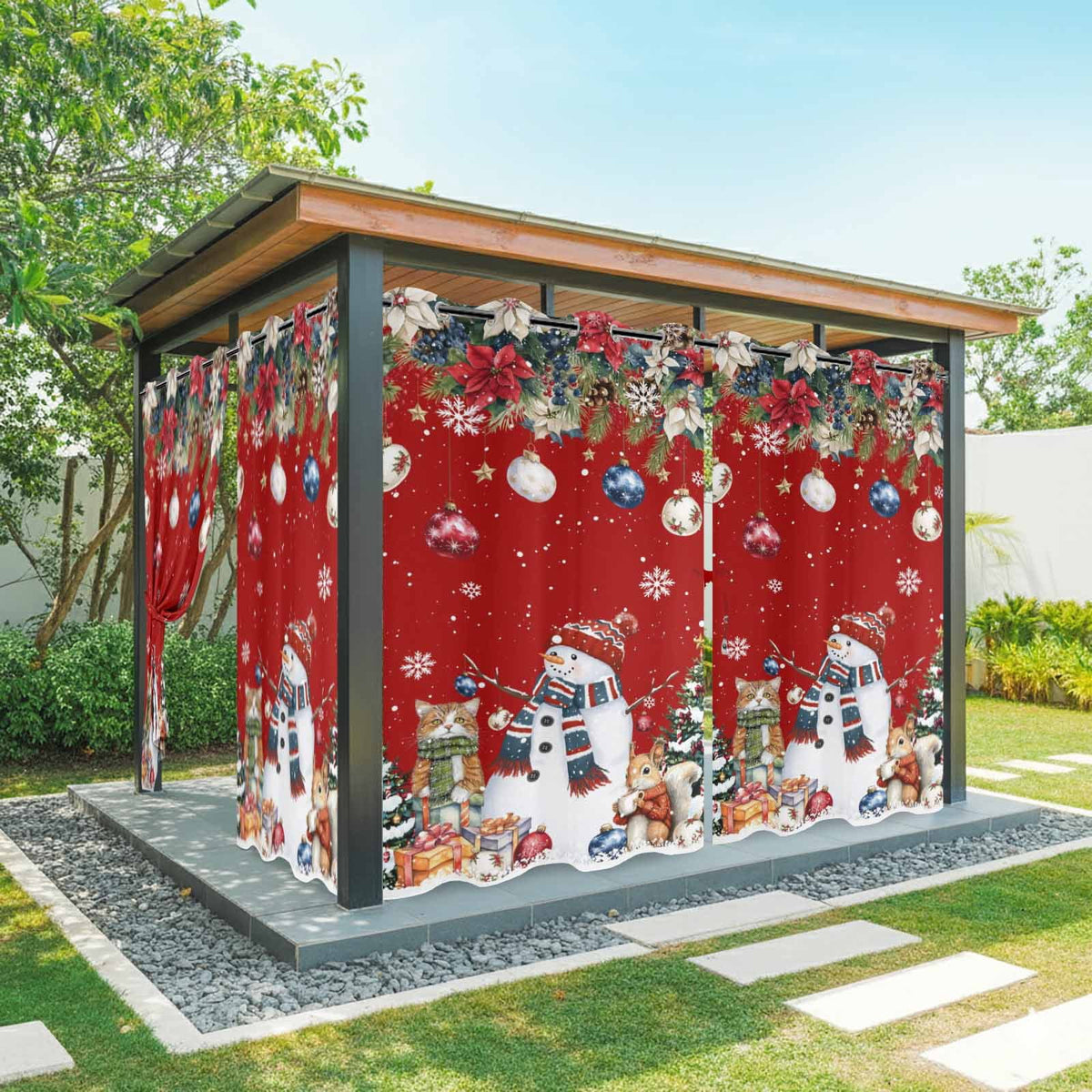 2 Panels Outdoor Curtains for Patio Waterproof 54"x84" Red Christmas Weatherproof Privacy Outsides Curtains, Snowman Poinsettia Pine Tree Squirrel Cat Grommet Thermal Drapes for Cabana Porch Pergola