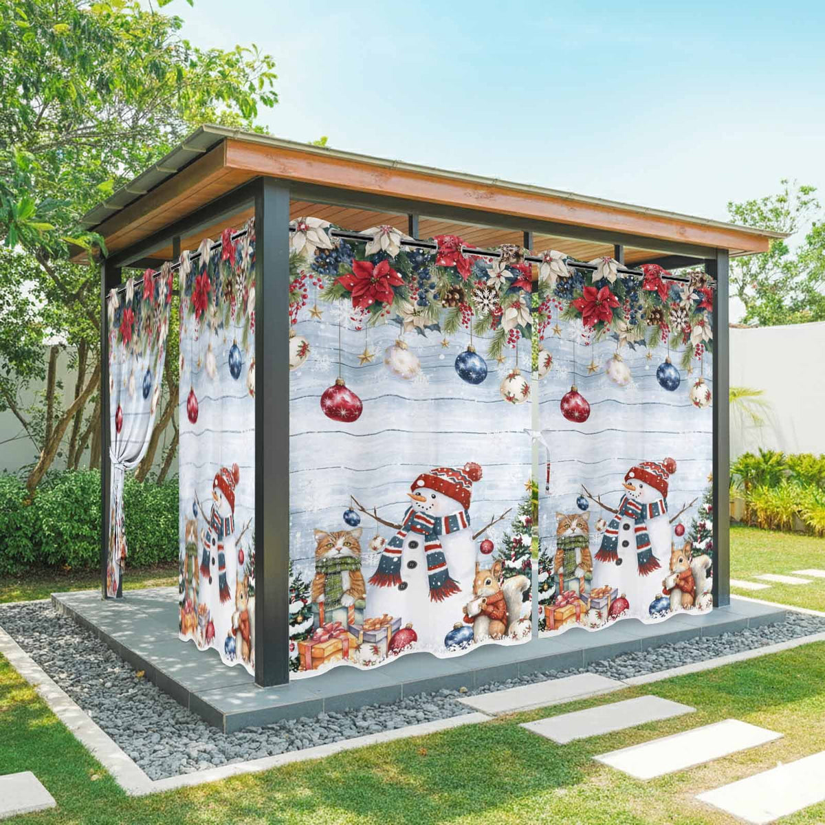 2 Panels Outdoor Curtains for Patio Waterproof 54"x84" Red Christmas Weatherproof Privacy Outsides Curtains, Snowman Poinsettia Pine Tree Squirrel Cat Grommet Thermal Drapes for Cabana Porch Pergola