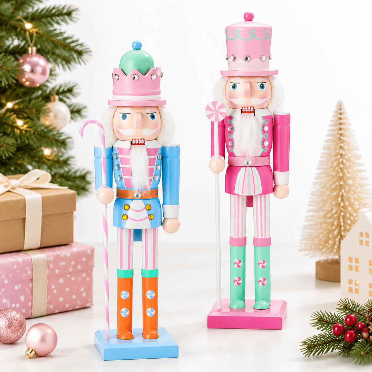 2 Pastel Nutcracker Christmas Figures, Wooden Holiday Decorations for Home