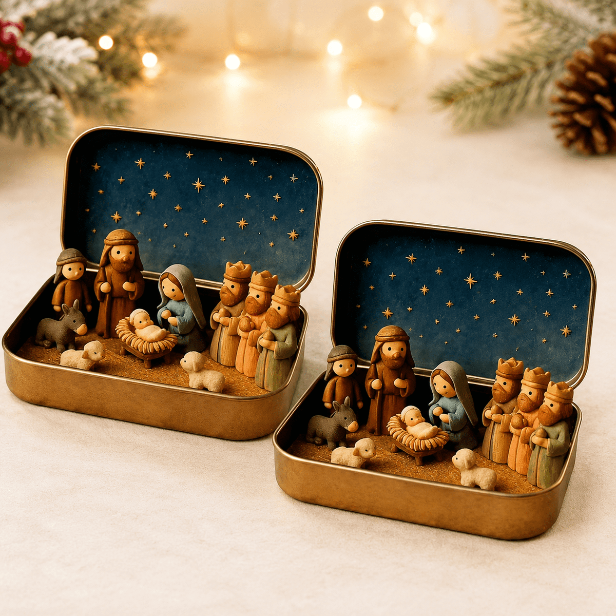 Christmas Nativity Scene in a Tin Mini Manger Scene Portable Tin Box Tabletop Decor for Mantel Shelf Fireplace Desk Holiday Decoration