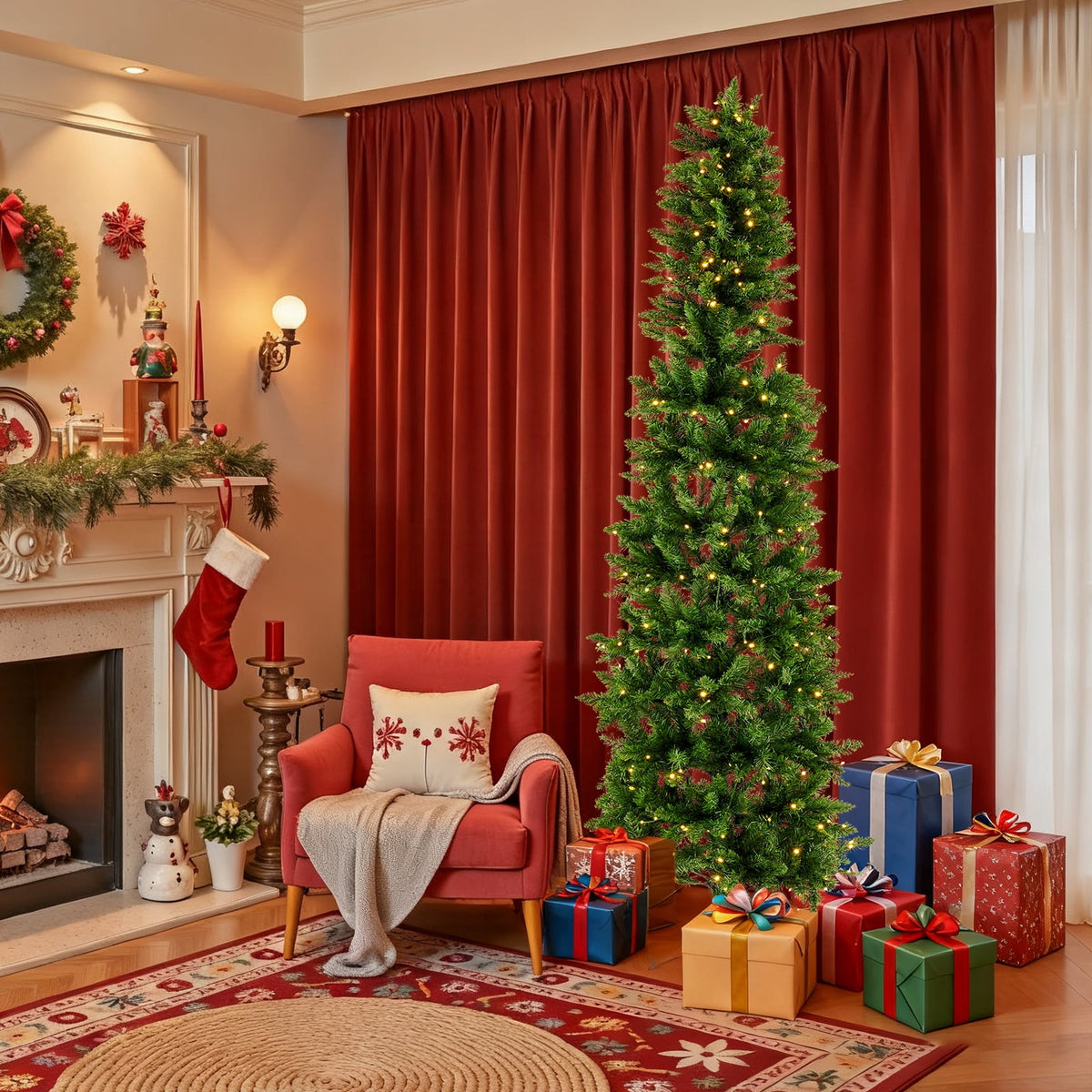 CONCETTA 4.5ft Pre-lit Pencil Christmas Tree, Artificial Slim Christmas Tree with 120 LED Lights and Solid Metal Stand,Green