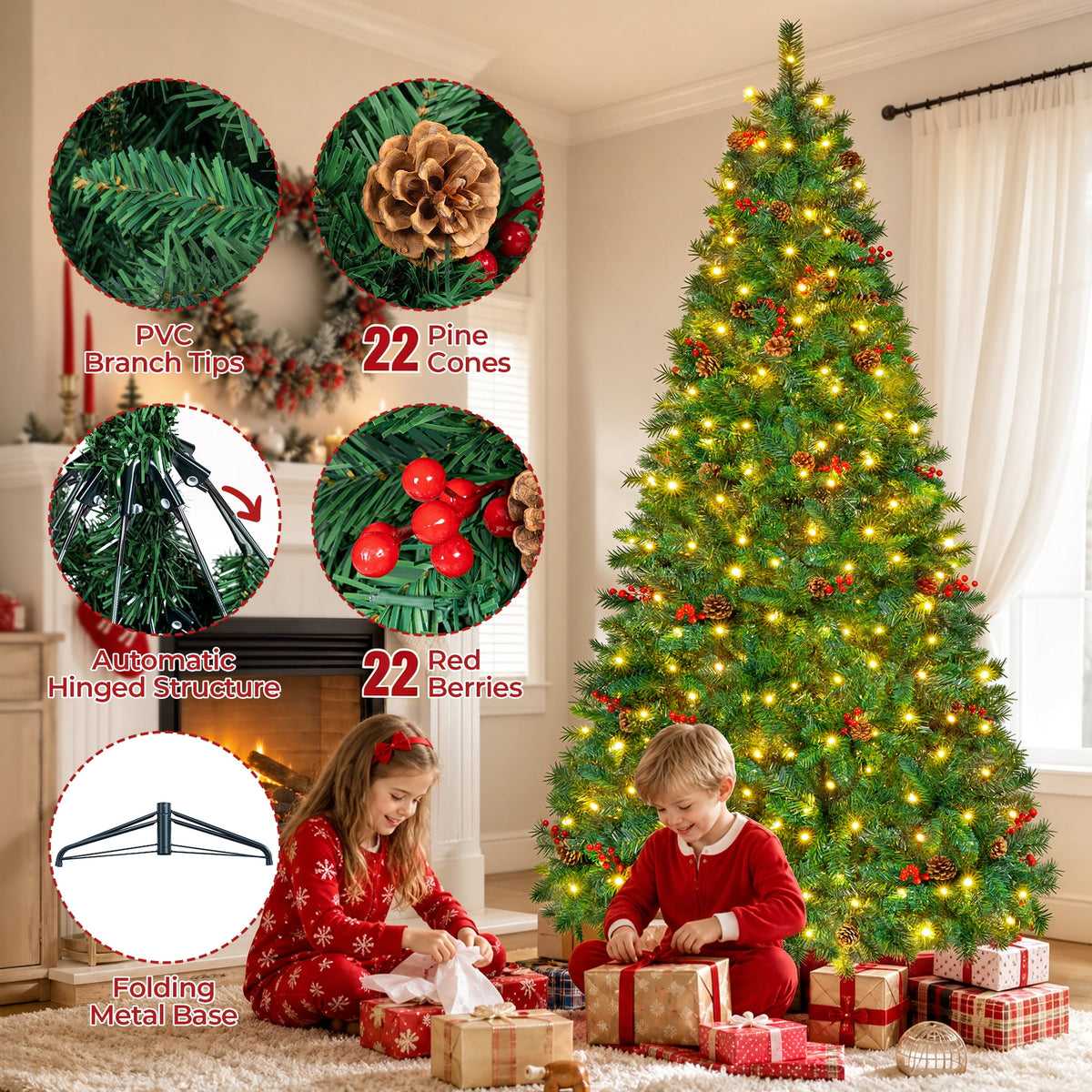 Firstness 5ft Pre-Lit Artificial Christmas Tree with 11 Lighting Modes, Xmas Tree with 625 Branch Tips,Pine Cones and Red Berries