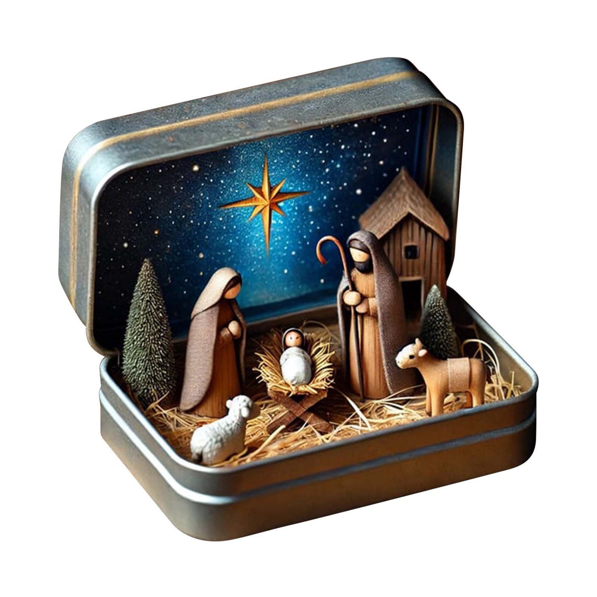Mini Christmas Nativity Set In Tin Box Jesus Birth Scene Figurines Decoration for Tabletop Party Office Decor & Christian Holiday Gifts