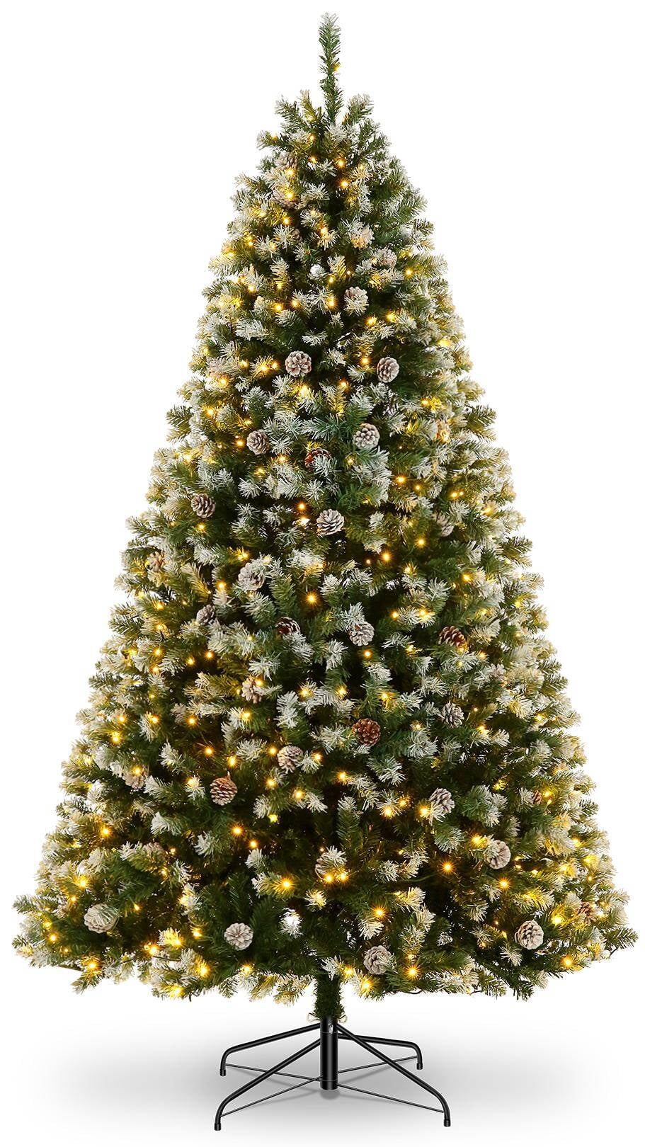 Funcid 6ft Artificial Christmas Tree with 8 Adjustable Light Flash Rate Modes, Decorated Xmas Tree with Pine Cones, Hinged Partially Flocked Christmas Tree with Foldable Metal Base