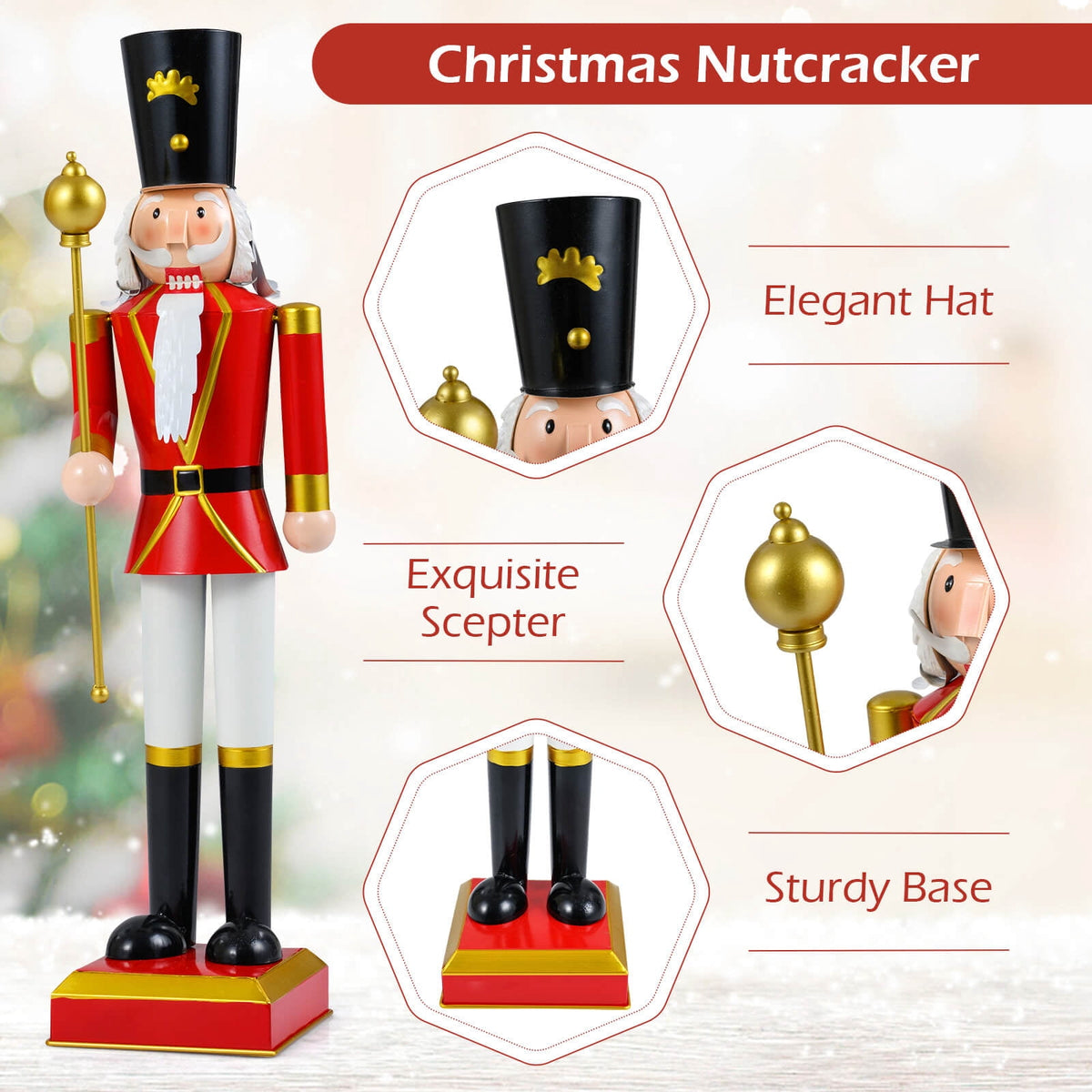 Costway 32.5” Christmas Nutcracker with High Hat & Beautiful Scepter, Uniform & Boots for Yard Gold