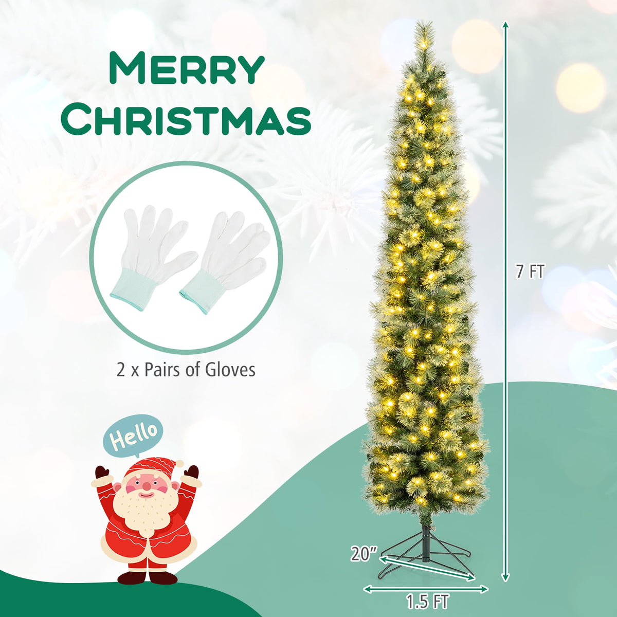 Costway 7 FT Pre-Lit Pencil Artificial Christmas Tree with 150 LED Warm White Lights,8 Modes