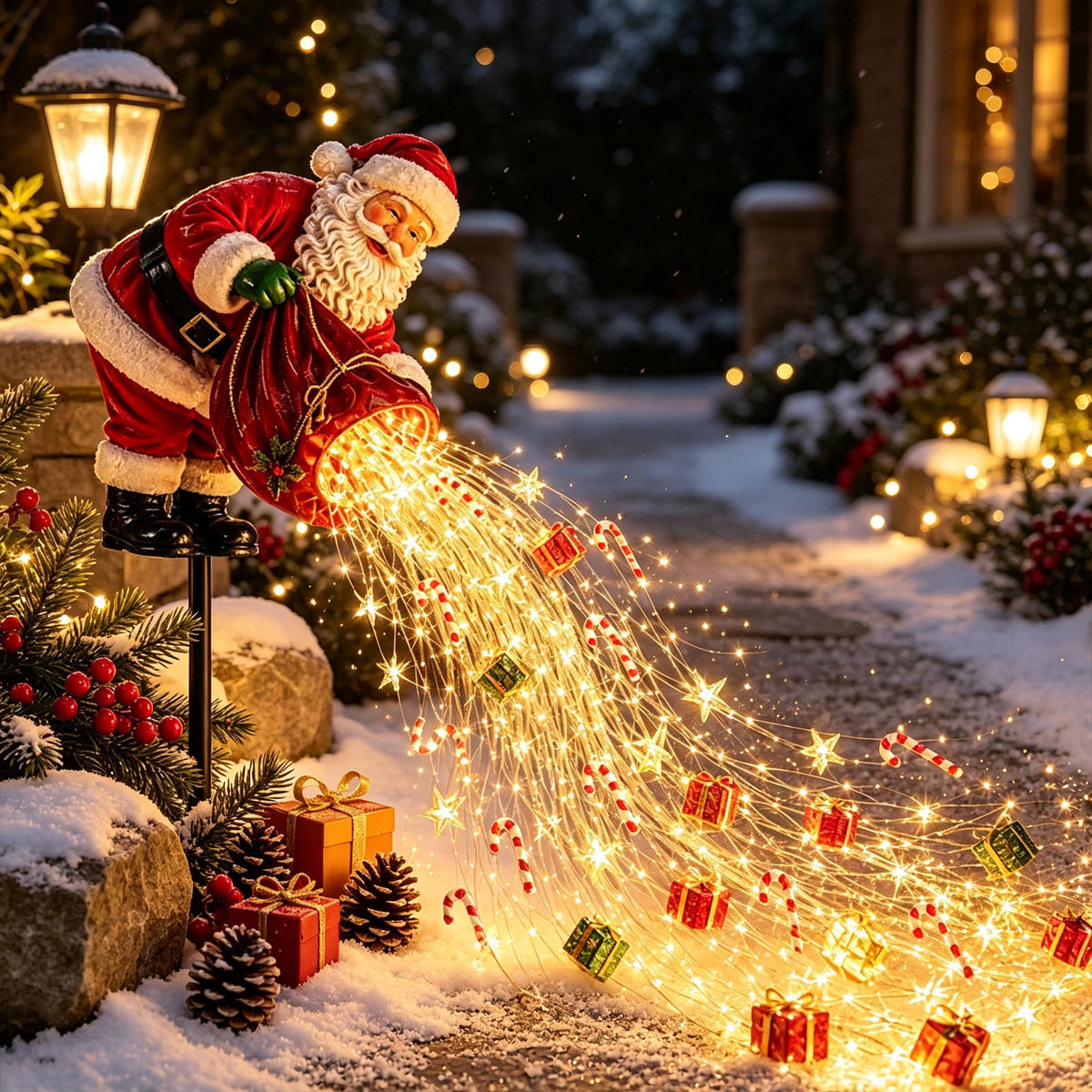 Luckky Santa’s Flying Sleigh Gift Cascade Solar Christmas Garden Light,Warm Golden Cascading LED Lights with Falling Gifts & Star,Solar Powered Outdoor Holiday Decor for Lawn,Pathway & Yard