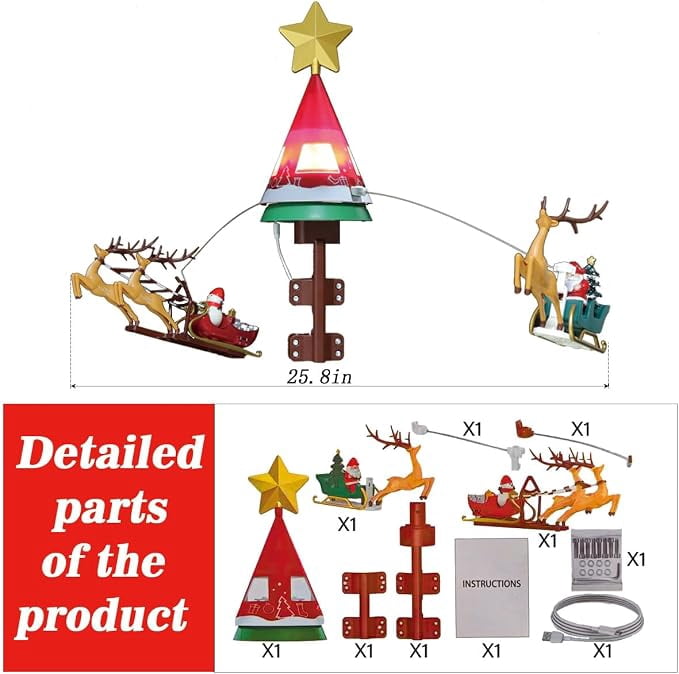 LAMPHOME Animated Christmas Tree Topper, Lighted Star Rotating Tree Top with Music, Santa Claus on Airplane & Deer Pulling Sled Design, Funny Christmas Tree Decoration