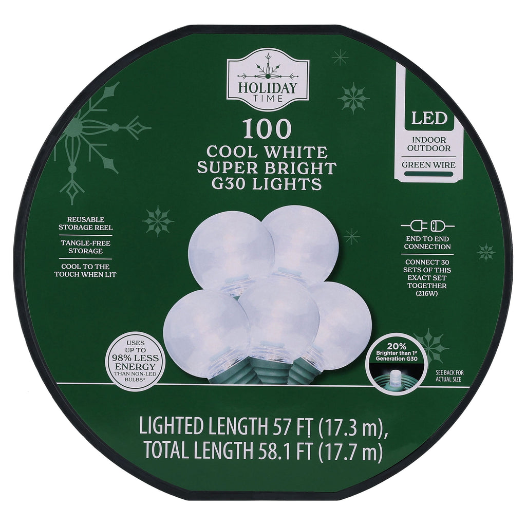 Indoor/Outdoor 100-Count LED Super Bright G30 Christmas String Lights, Warm White, Green Wire, 57', by Holiday Time