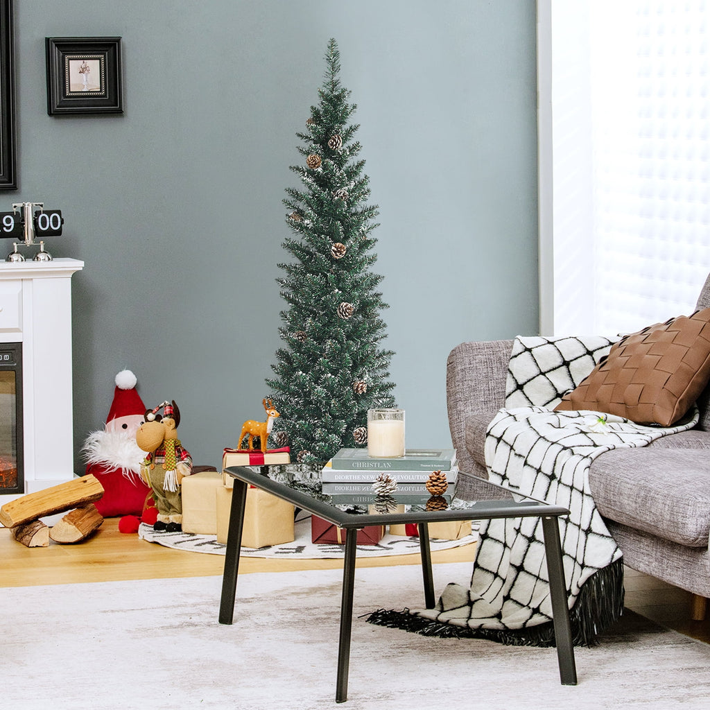 Topbuy 5FT Slim Pencil Tree Snowy Artificial Christmas Tree with 214 PVC Branch Tips & 25 Pine Cones Full Holiday Decoration Tree for Xmas