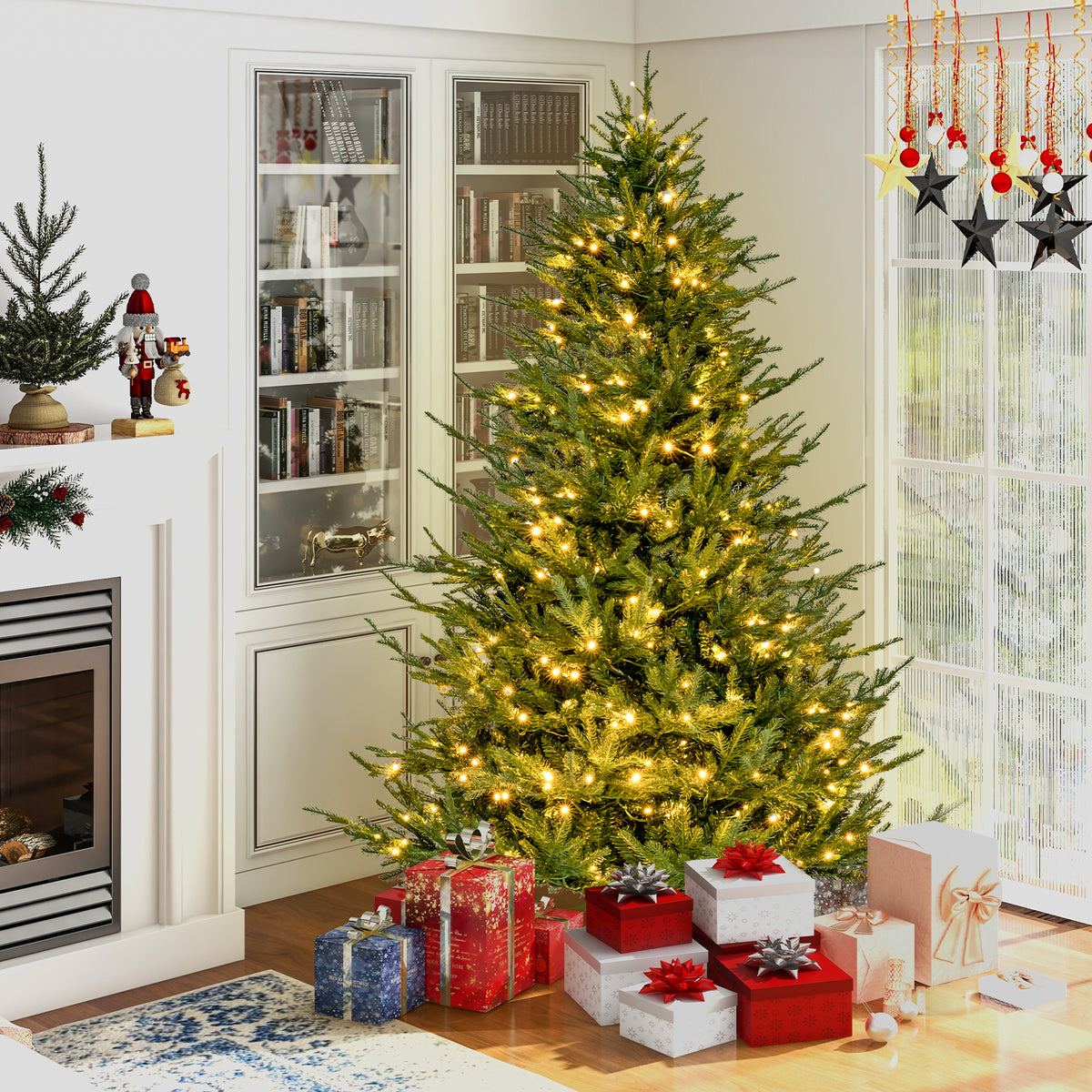 Topbuy 6FT Artificial Christmas Tree Pre-lit Xmas Tree with 280 Warm White LED Lights 8 Lighting Modes 788 PE & PVC Branch Tips