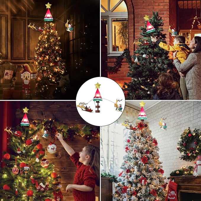 LAMPHOME Animated Christmas Tree Topper, Lighted Star Rotating Tree Top with Music, Santa Claus on Airplane & Deer Pulling Sled Design, Funny Christmas Tree Decoration