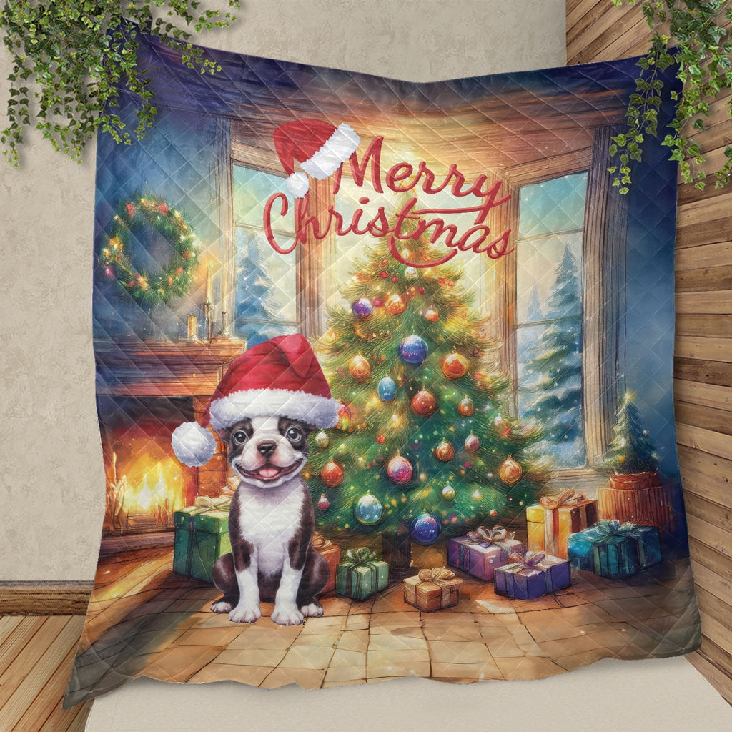 Merry Christmas French Bulldog Santa Hat Xmas Tree Winter Holiday Quilt Bedding Set Dog Lover Gifts 1 Blanket Bed Cover 2 Pillowcases - 01013