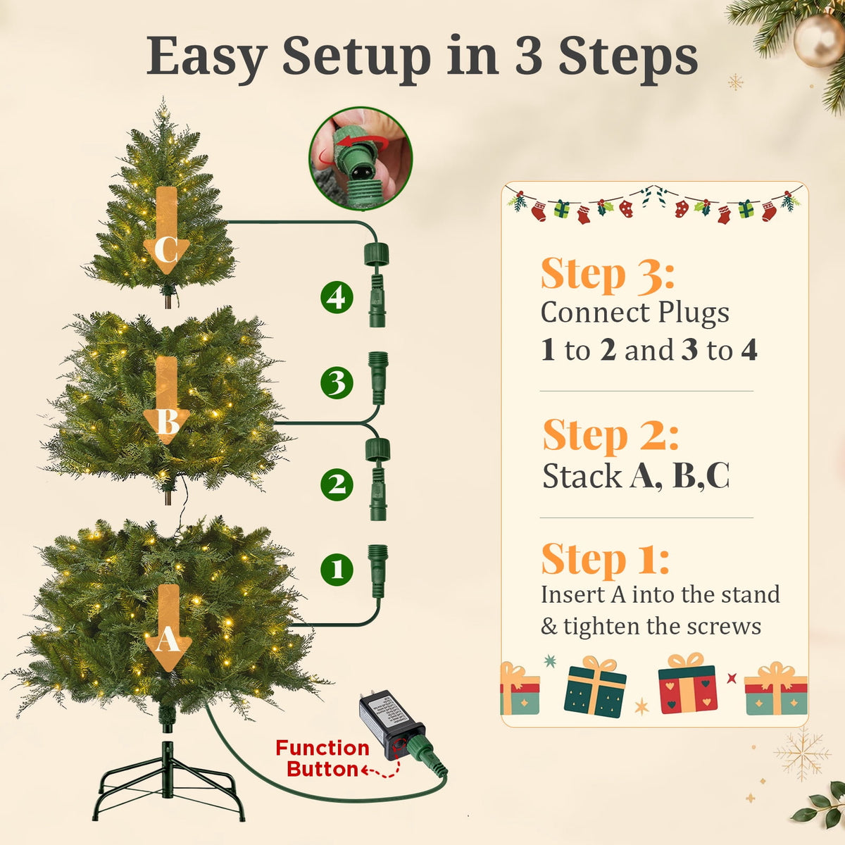 Goosiay 6FT Pre-Lit Artificial Christmas Tree, Slim Cypress Christmas Tree with Realistic Branches, 877 PE & PVC Tips and 250 Lights for Living Room, Office, Bedroom and Indoor Holiday Decor