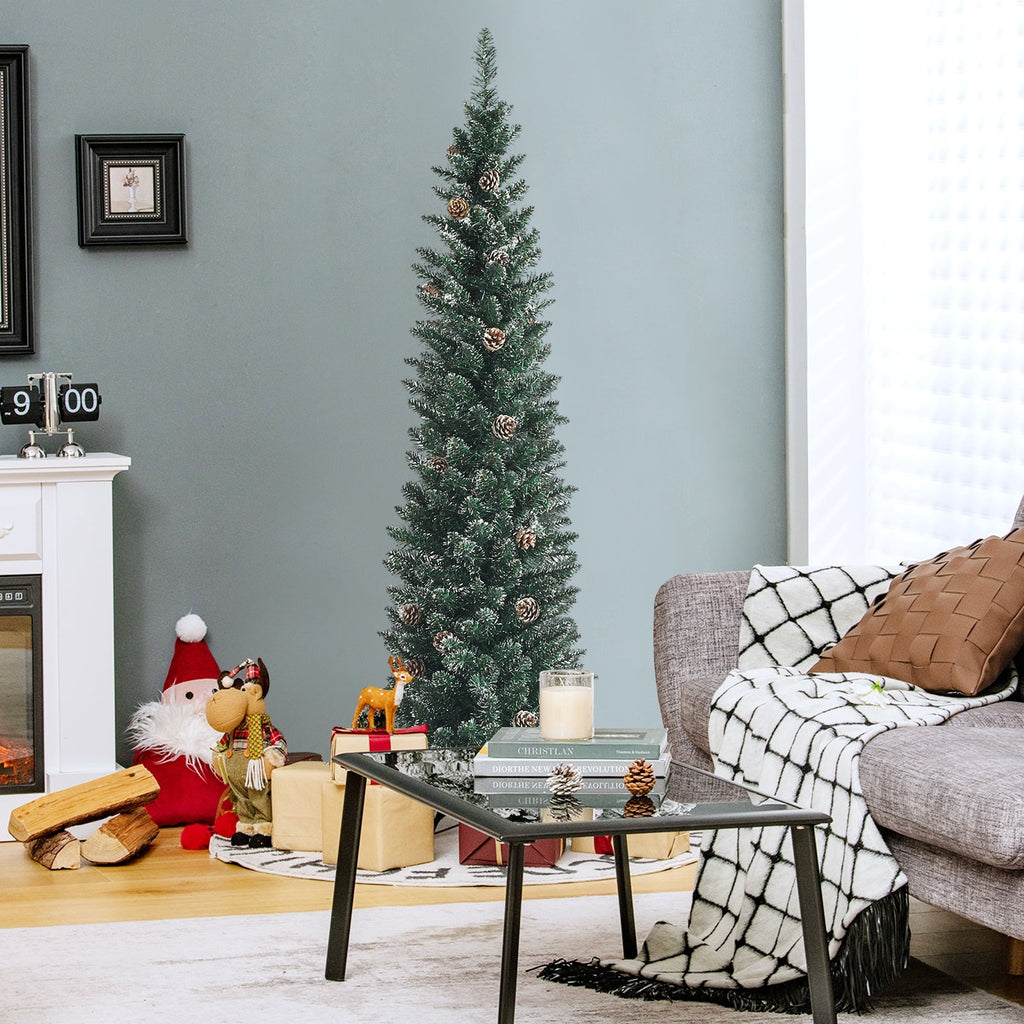 Topbuy 5FT Slim Pencil Tree Snowy Artificial Christmas Tree with 214 PVC Branch Tips & 25 Pine Cones Full Holiday Decoration Tree for Xmas