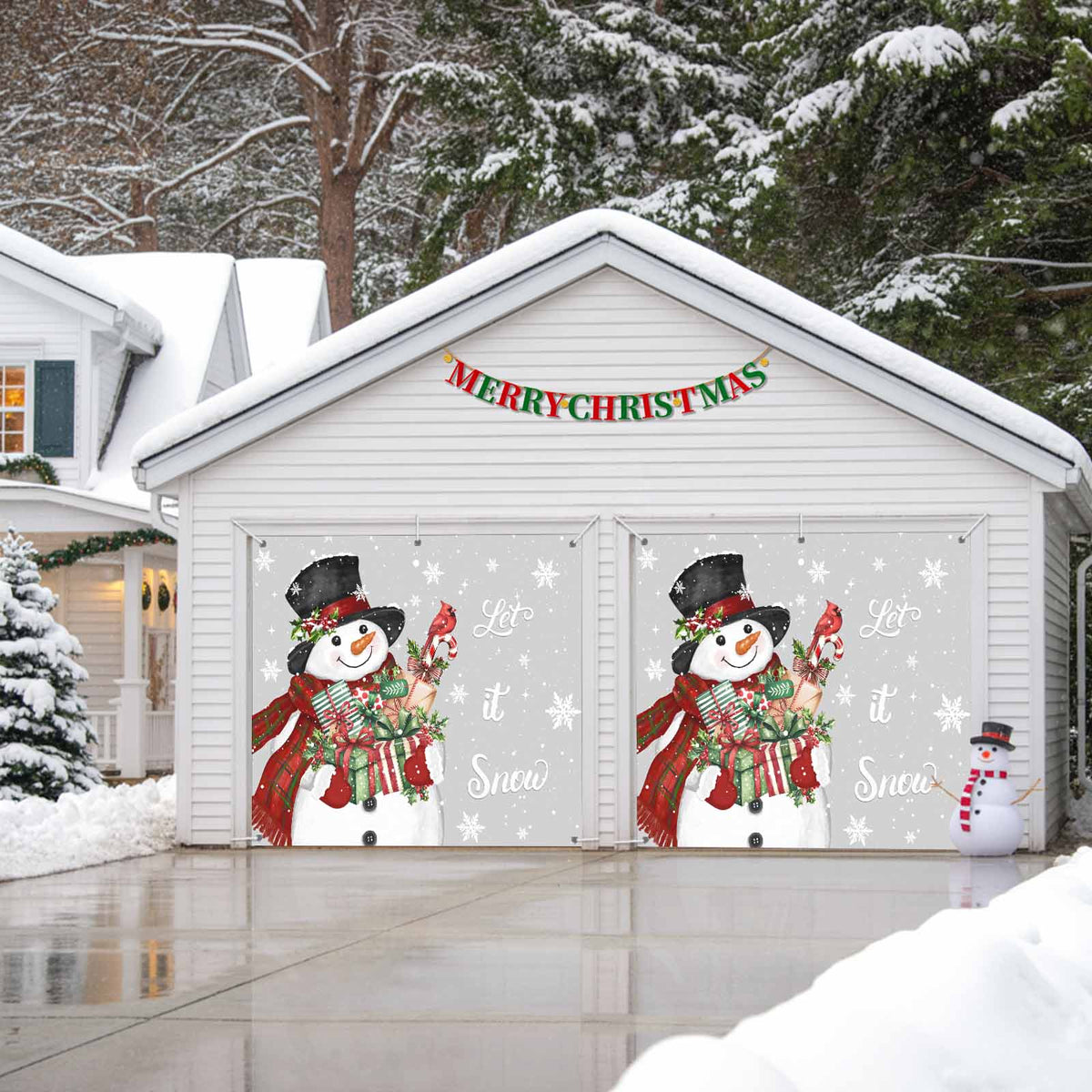Fsddascl 7 x 16 Ft Christmas Garage Door Cover, Black Christmas Tree Large Garage Door Banner, Xmas Snowflake Green Golden Hanging Garage Mural Background for Indoor Outdoor Xmas Party Supplies