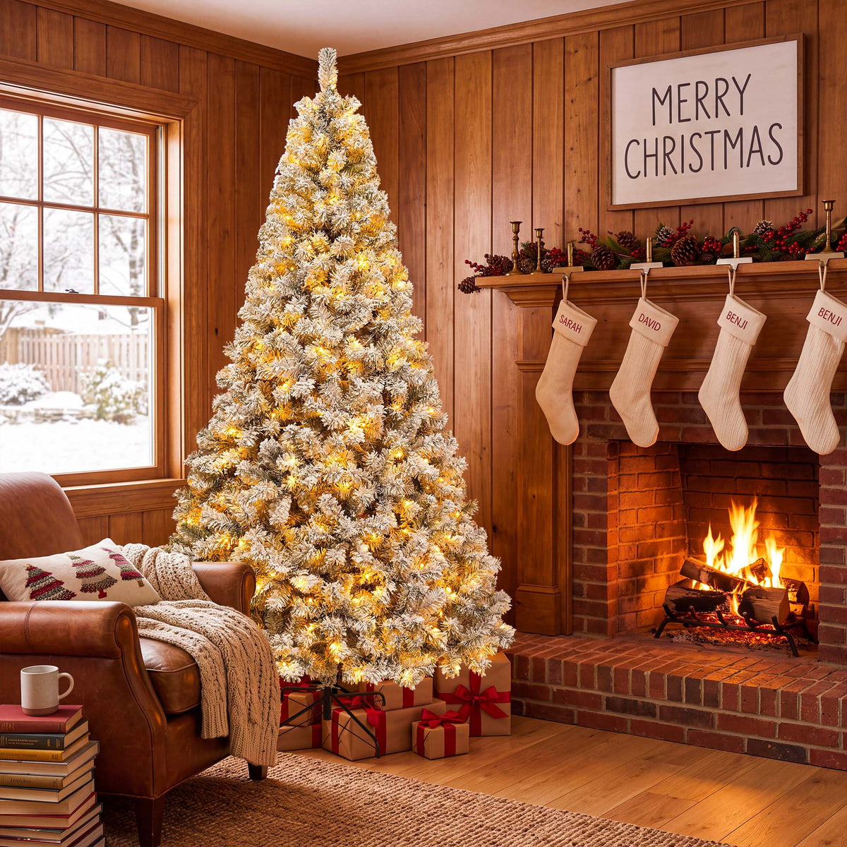 Yexmas 7.5FT Pre-Lit Snow Flocked Christmas Tree,Artificial White Christmas Tree with Large Christmas Tree Storage Bag,11 Modes Warm White & Multicolor LED Lights for Xmas Decoration