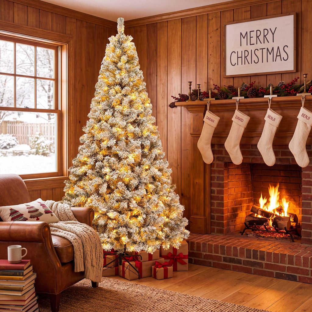 Yexmas 6FT Pre-Lit Snow Flocked Christmas Tree,Artificial White Christmas Tree with Large Christmas Tree Storage Bag,11 Modes Warm White & Multicolor LED Lights for Xmas Decoration