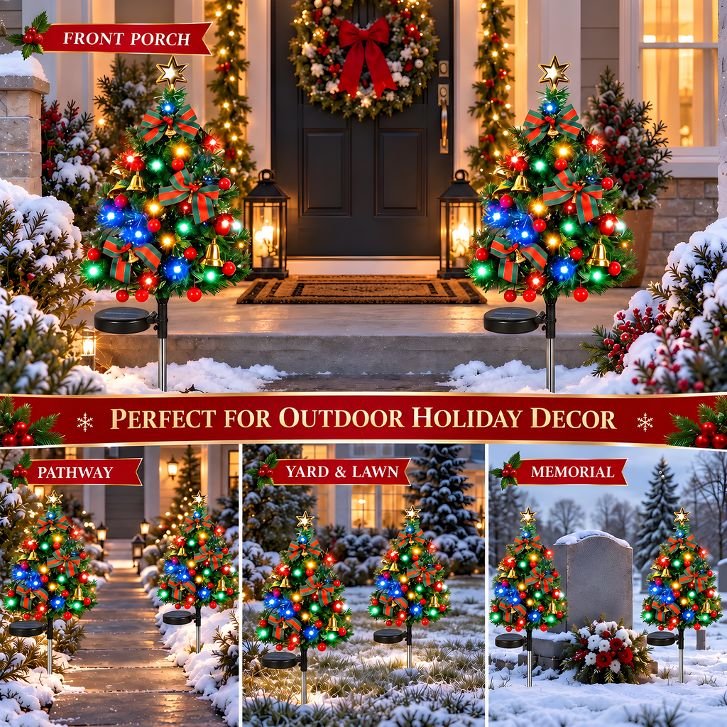 2 Pack Solar Powered Christmas Tree Lights, Outdoor Holiday Decor with 40 Bright LEDs, Waterproof Xmas Garden Decorations for Pathway, Yard, Grave and Lawn